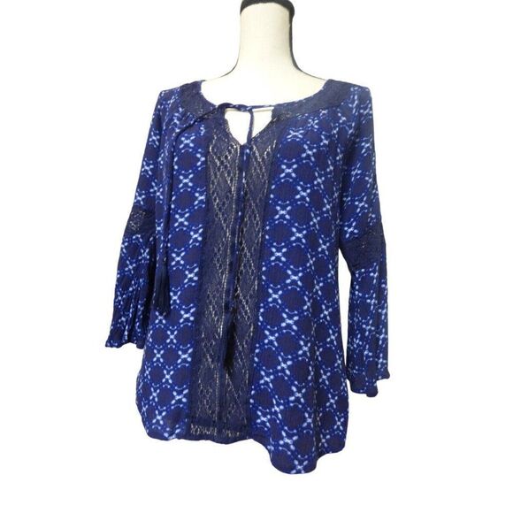 Jessica Simpson ¾ Bell Sleeve Printed Peasant Top, Blue, Size S - Picture 2 of 7